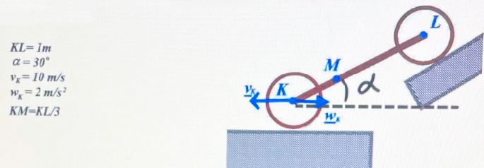 <b>Тема 3. Плоское движение <br />Вариант 2</b>. <br />Стержень KL соединяет два колеса, расположение которых представлено на рисунке. Определить ускорение точек M и L, если известны скорость и ускорение центра колеса K.